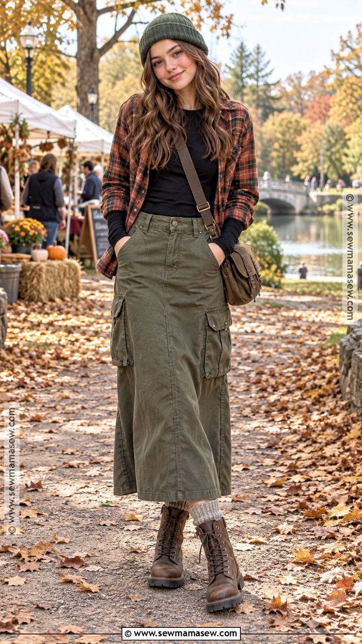 Flannel Shirt With Cargo Maxi Skirt - 20 Autumn Outfits Teenage for Girls