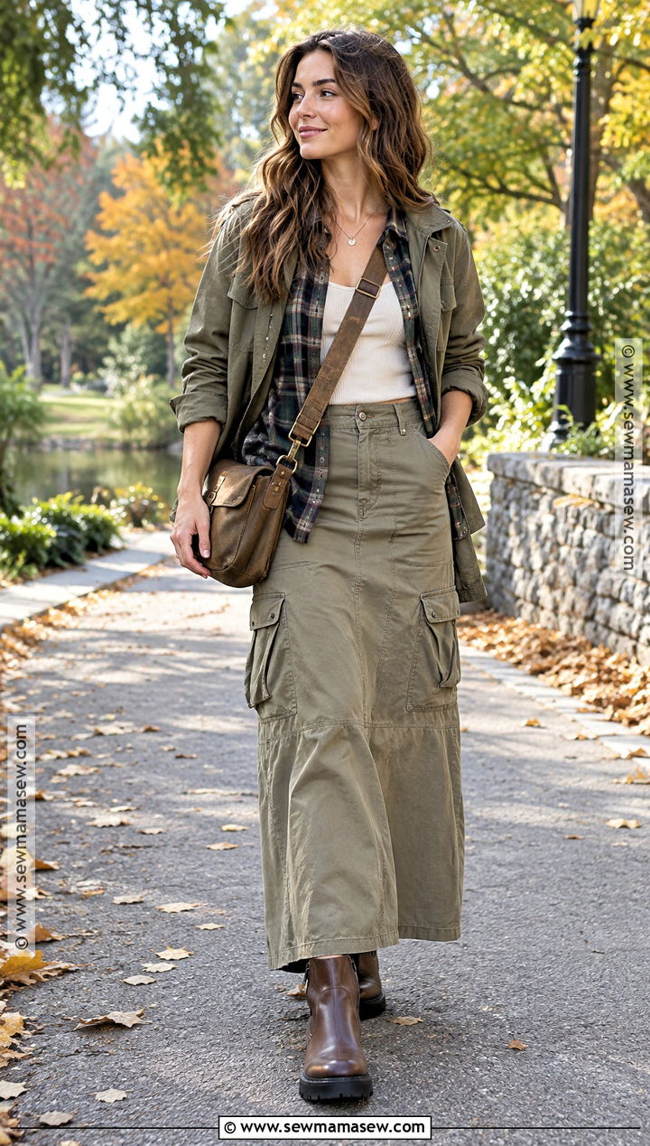 Flannel Shirt With Cargo Maxi Skirt - 15 fall skirt and shirt outfits