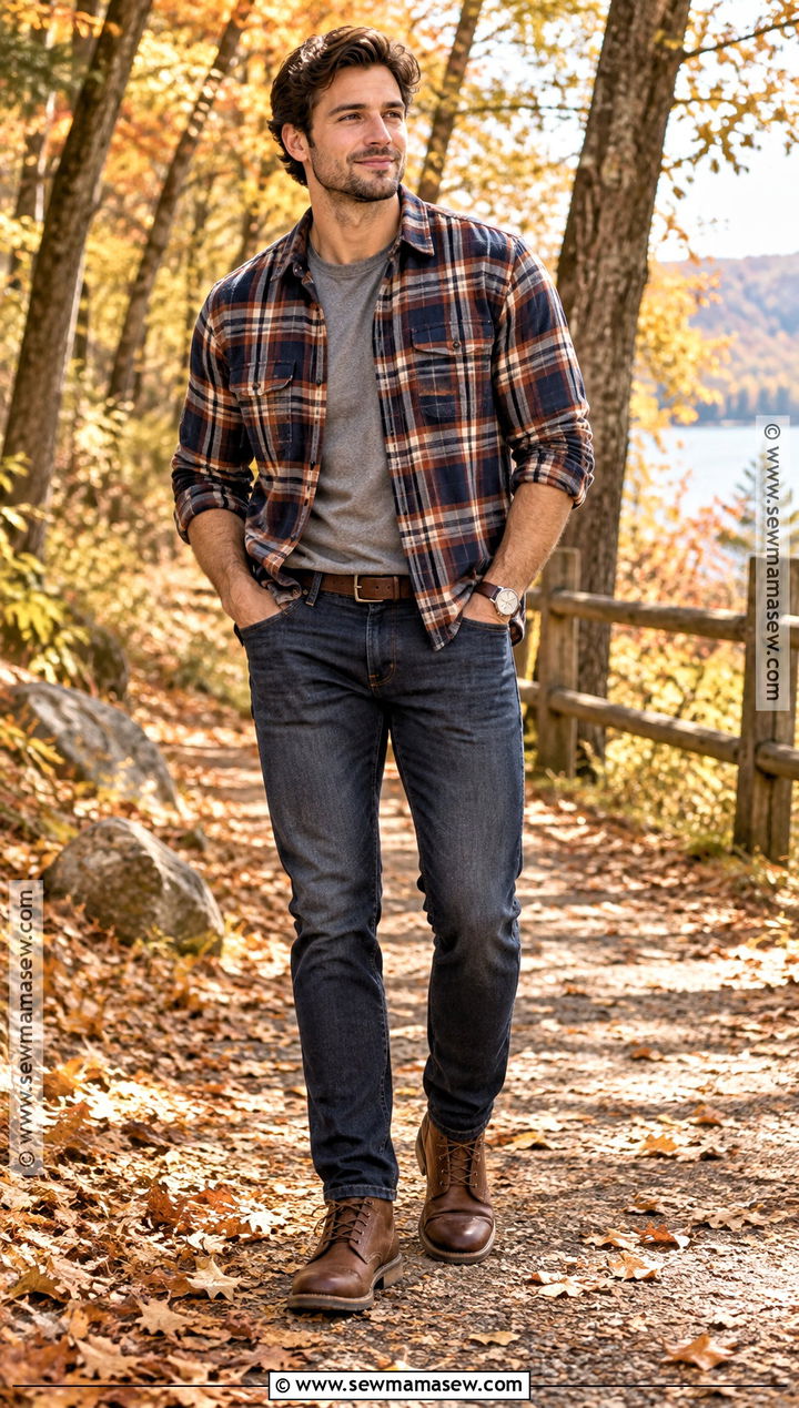 Flannel Shirt With Dark Denim And Leather Boots - 15 engagement photos outfits men fall