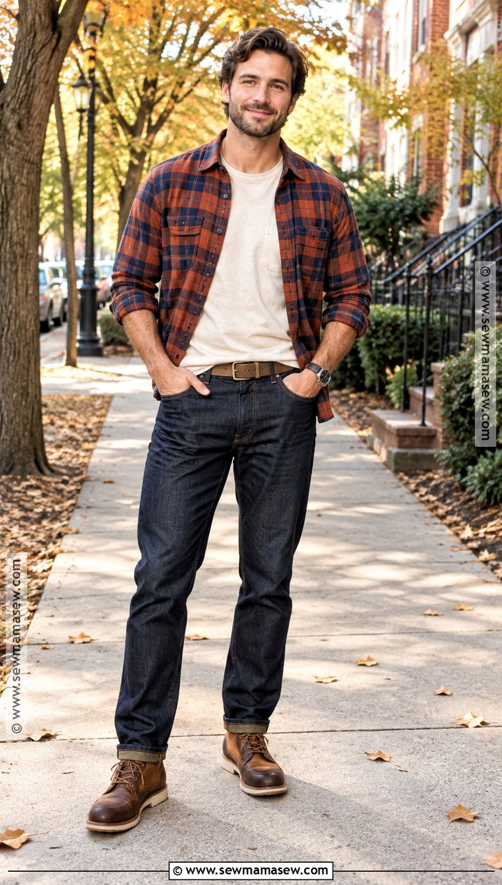 Flannel Shirt With Dark Jeans and Work Boots - 20 fall outfits for men casual