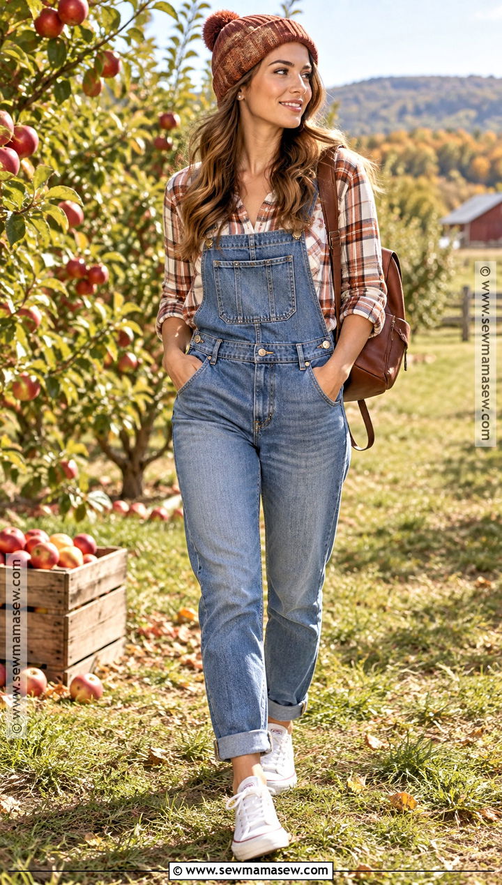 Flannel Shirt With Denim Overalls And Sneakers - 15 Cute Fall Outfits Flannel
