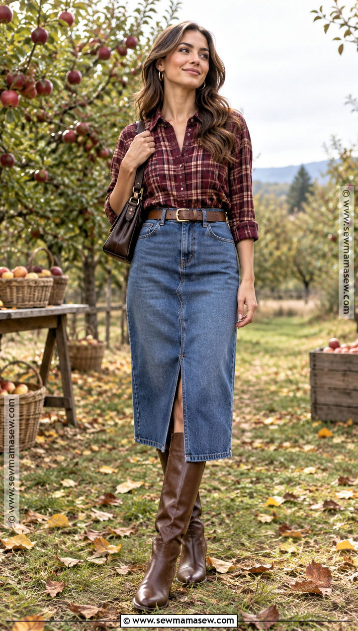 Flannel Shirt With Denim Skirt and Boots - 15 Fall Outfits 2026 Flannel