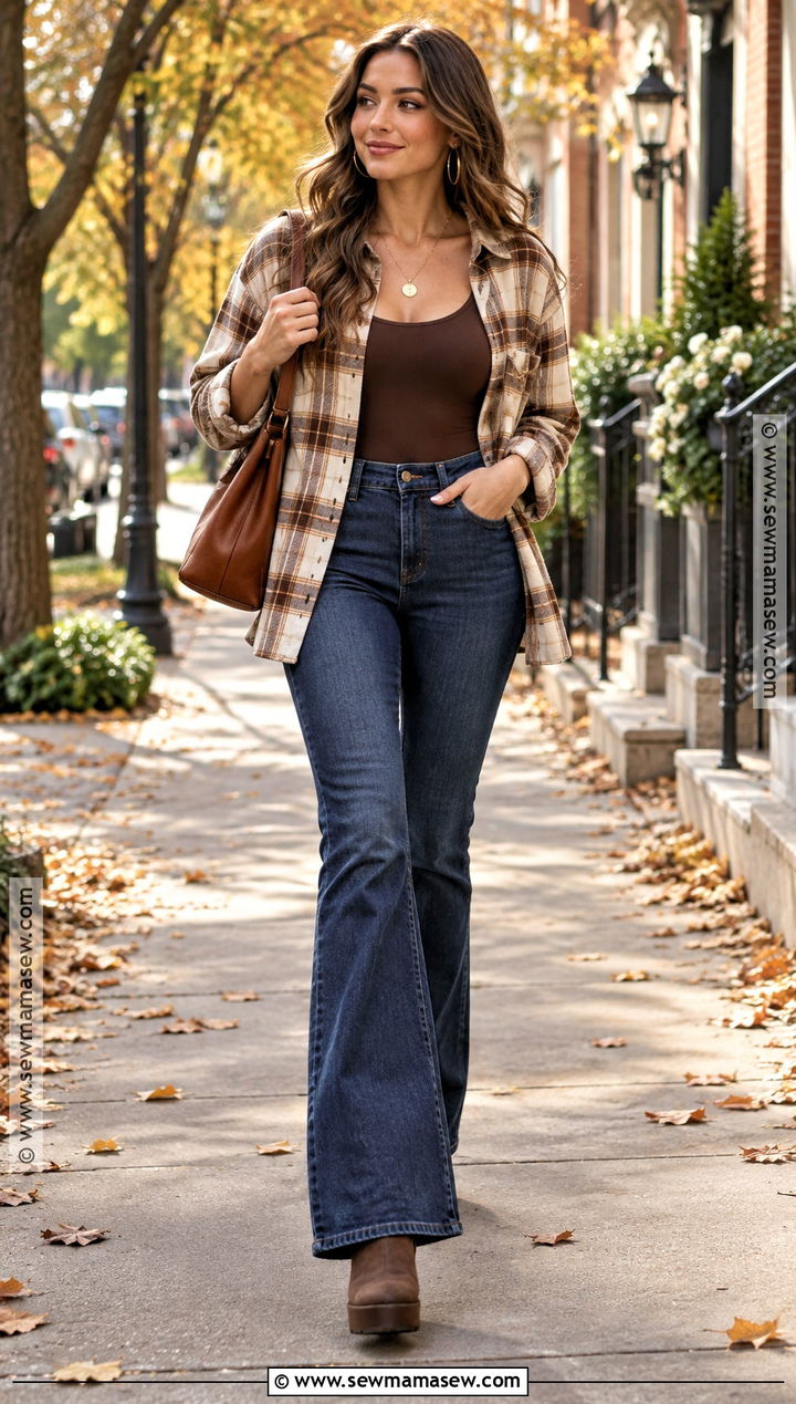 Flannel Shirt With Flare Jeans And Platform Boots - 15 Cute Fall Outfits Flannel