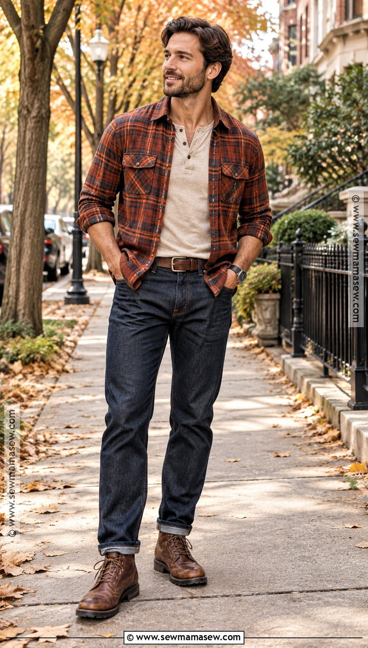 Flannel Shirt With Henley And Dark Jeans - 20 mens outfits autumn