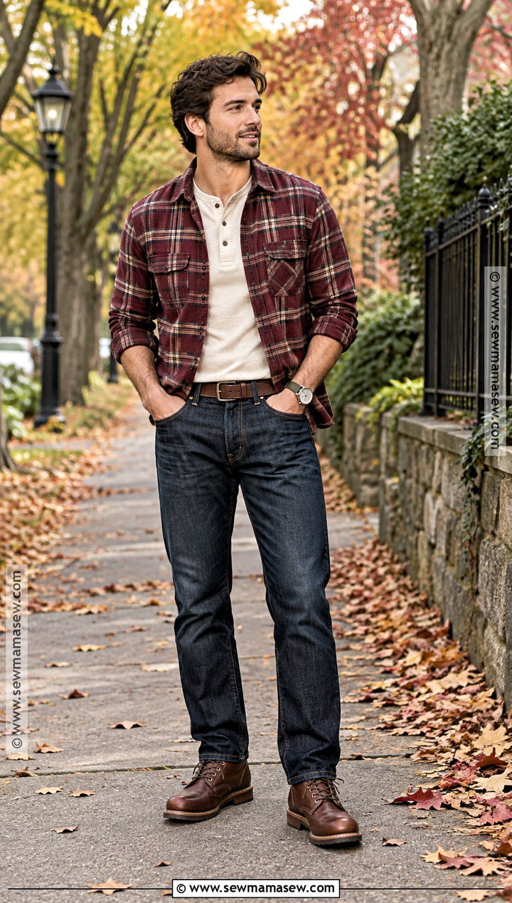 Flannel Shirt With Henley And Dark Jeans - 20 autumn male outfit ideas