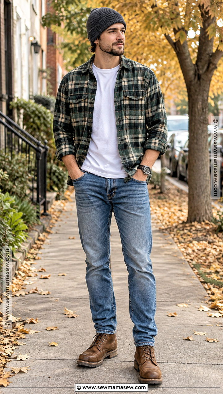 Flannel Shirt With Jeans and Work Boots - 15 chill fall outfits for men