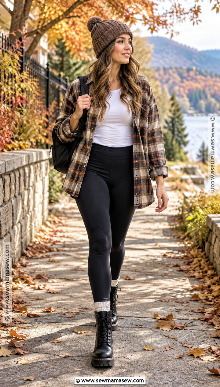 Flannel Shirt With Leggings And Combat Boots - 15 comfy fall outfits lazy days leggings