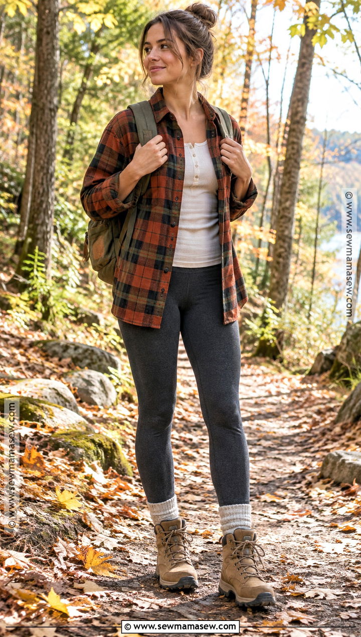 Flannel Shirt With Leggings And Hiking Boots - 15 casual autumn outfits leggings