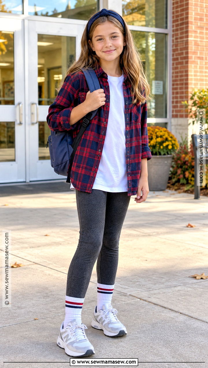 Flannel Shirt With Leggings And Sneakers - 20 back to school outfits for 5th grade