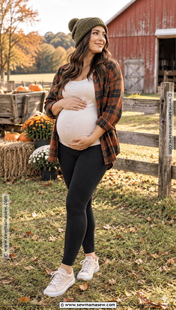 Flannel Shirt With Leggings And Sneakers - 15 casual maternity outfits photoshoot fall