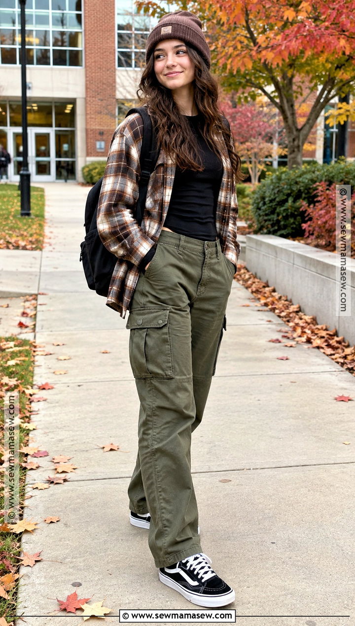 Flannel Shirt With Long Sleeve Tee And Cargo Pants - 15 comfy outfits for school fall