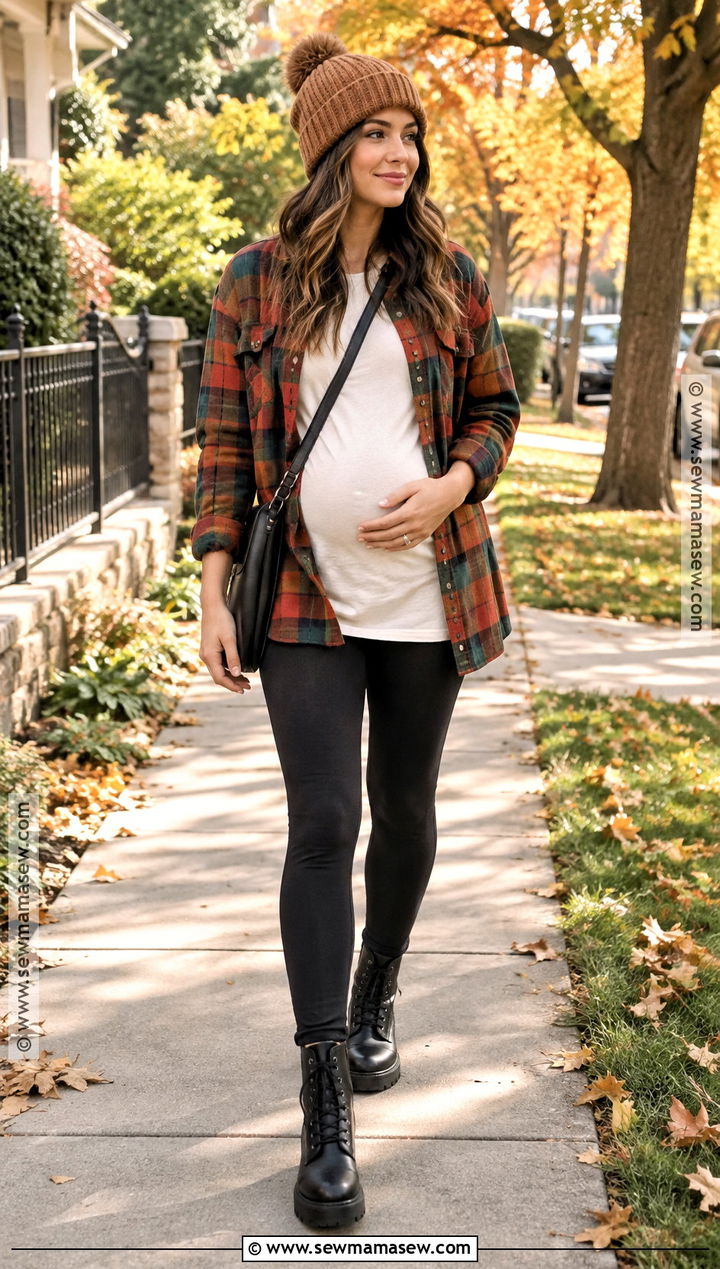 Flannel Shirt With Maternity Leggings and Combat Boots - 15 cozy fall maternity outfits