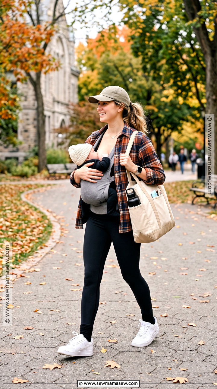 Flannel Shirt With Nursing Tank And Black Leggings - 20 nursing friendly outfits fall