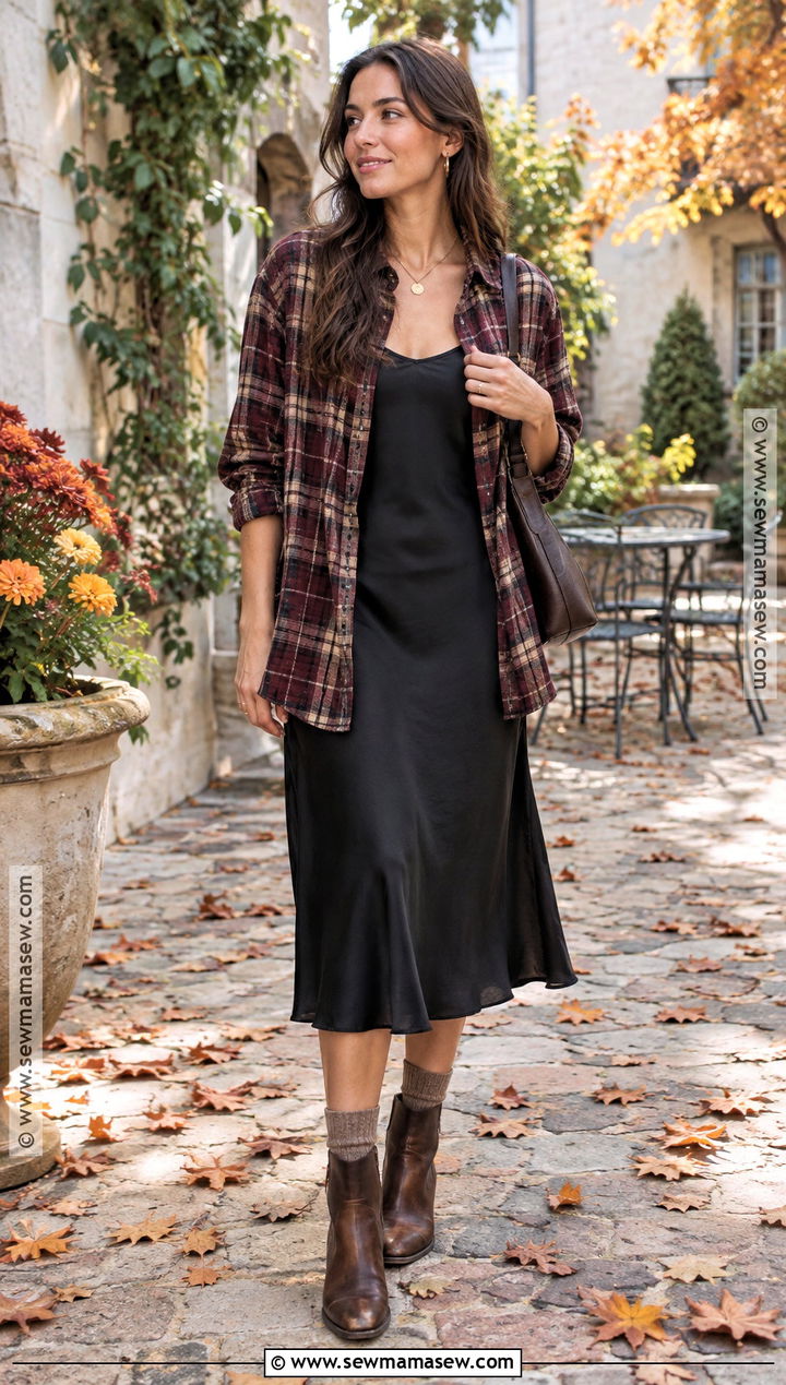 Flannel Shirt With Slip Dress - 15 Flannel Shirt Fall Fashion Ideas