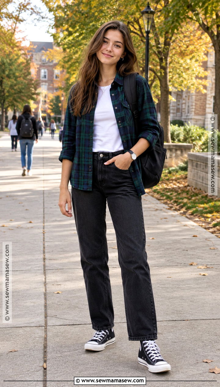 Flannel Shirt With T Shirt And Black Jeans - 20 basic back to school outfits