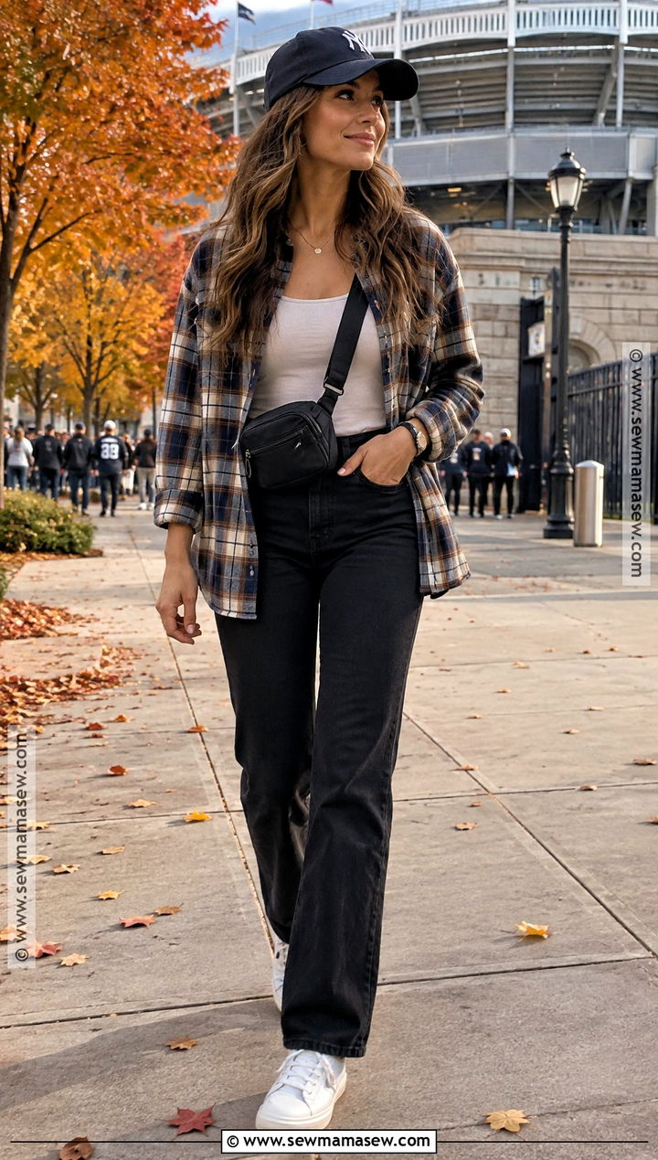 Flannel Shirt With Tank And Black Jeans - 20 baseball game outfit fall ideas