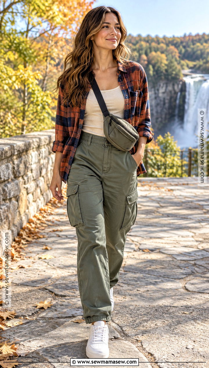 Flannel Shirt With Tank Top And Cargo Pants - 25 fall day outfit ideas