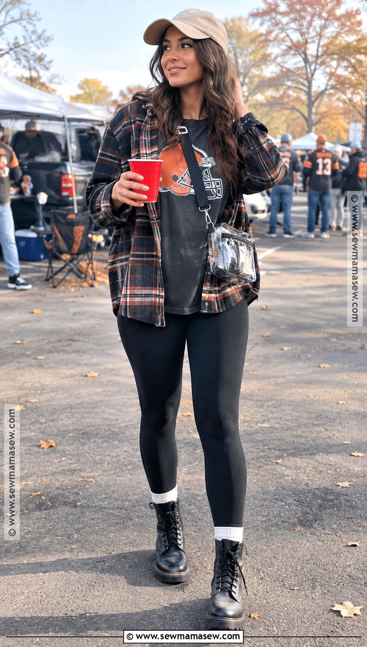Flannel Shirt With Team Tee And Leggings - 20 football game outfit fall ideas