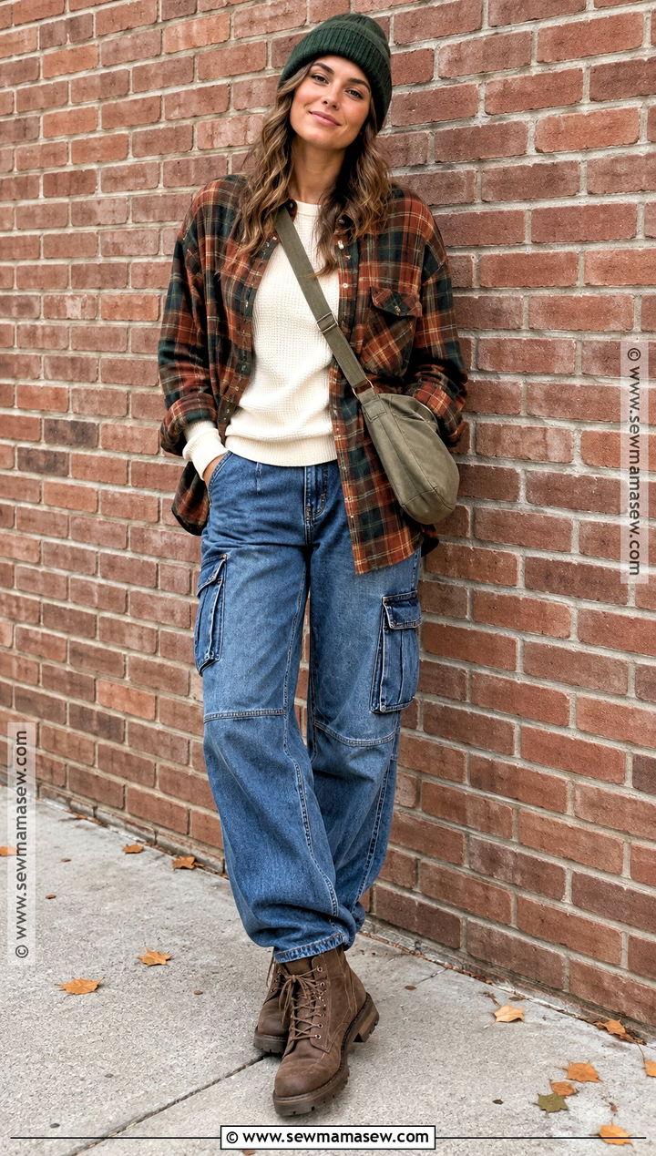 Flannel Shirt With Thermal Top And Cargo Jeans - 20 streetwear fall ideas