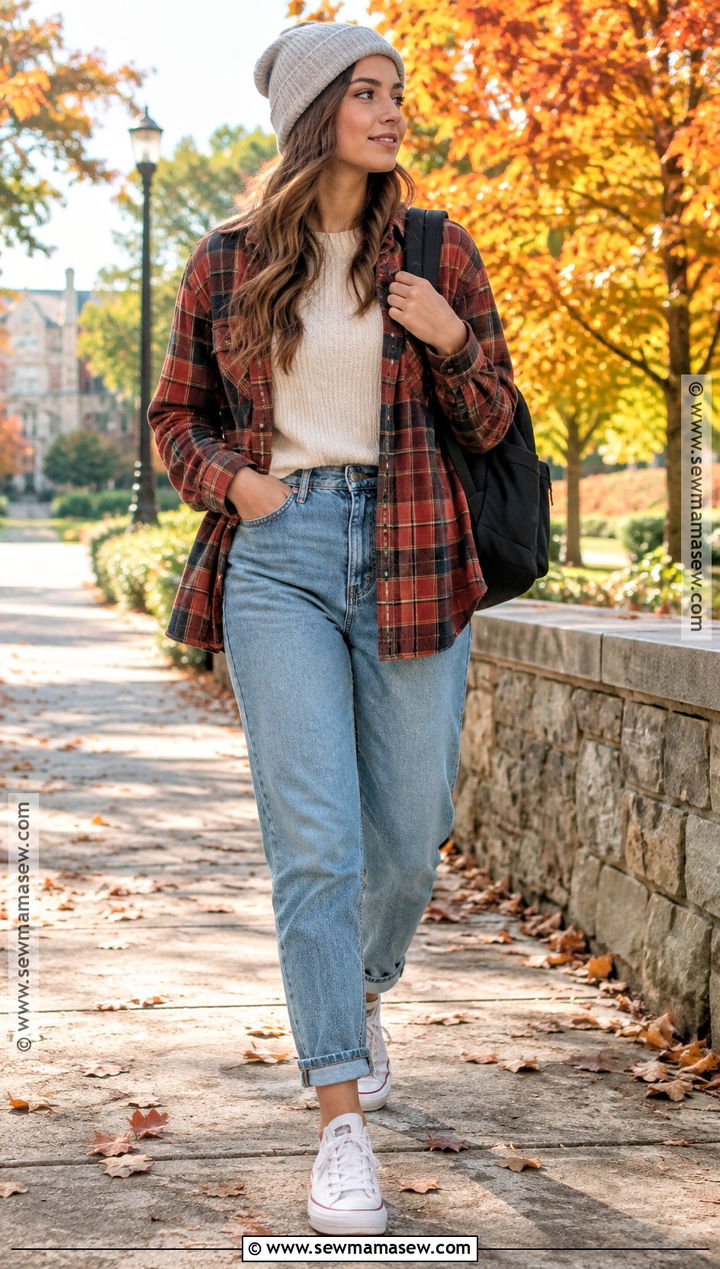 Flannel Shirt With Thermal Top And Mom Jeans - 20 outfits for fall school