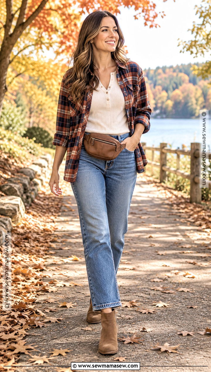 Flannel Shirt With Thermal Top Jeans and Ankle Boots - 20 Simple Fall Outfits for Moms