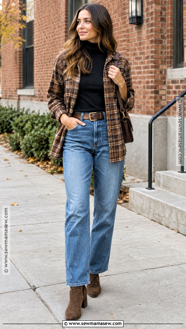 Flannel Shirt With Turtleneck And Jeans - 30 comfy fall outfits