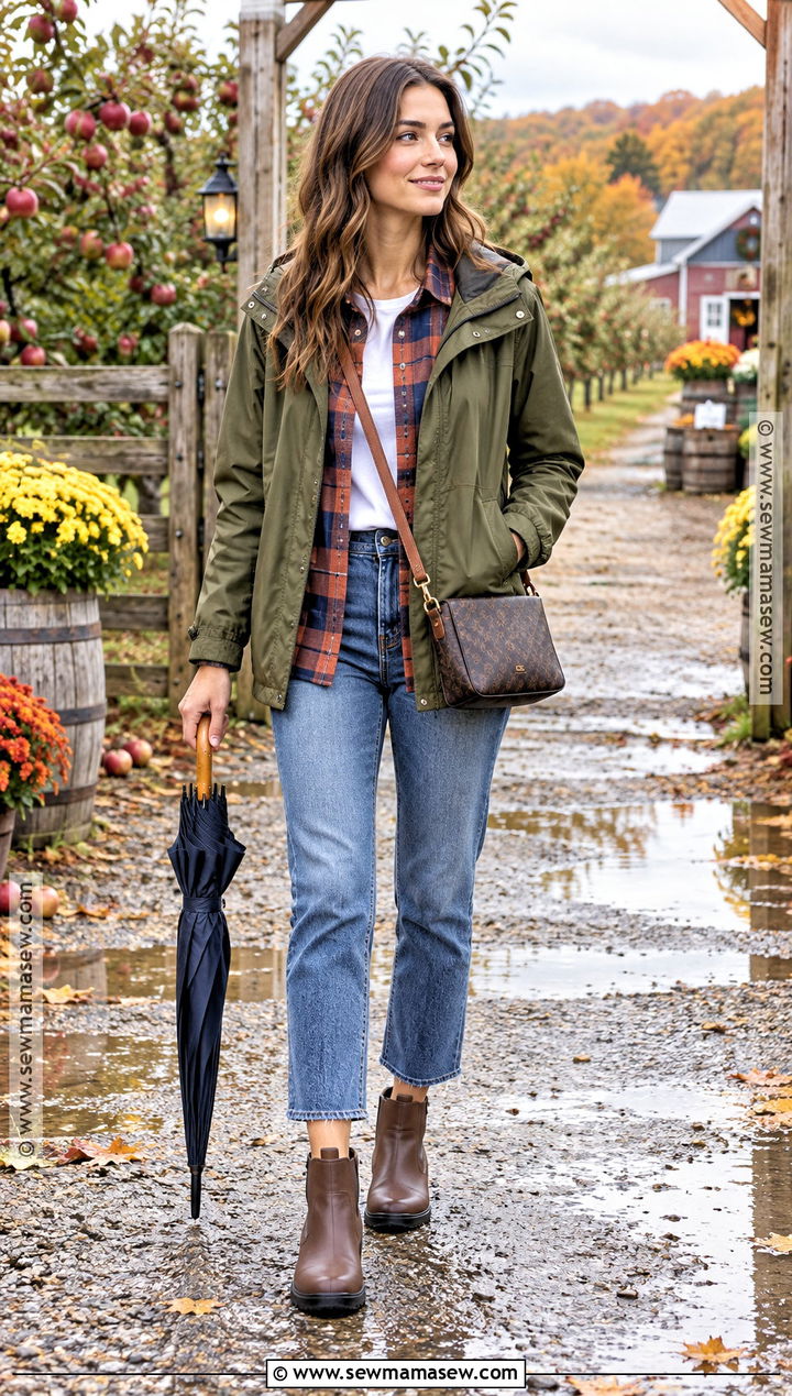 Flannel Shirt With Utility Jacket And Straight Jeans - 15 comfy rainy day outfit fall ideas