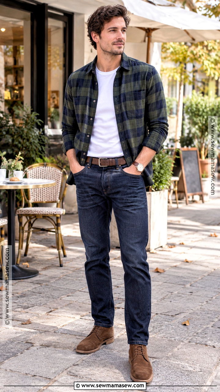 Flannel Shirt With White T Shirt And Jeans - 20 Mens Casual Fall Outfits