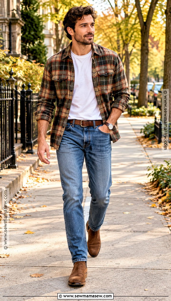 Flannel Shirt With White T Shirt And Jeans - 20 Casual Outfits Men Fall