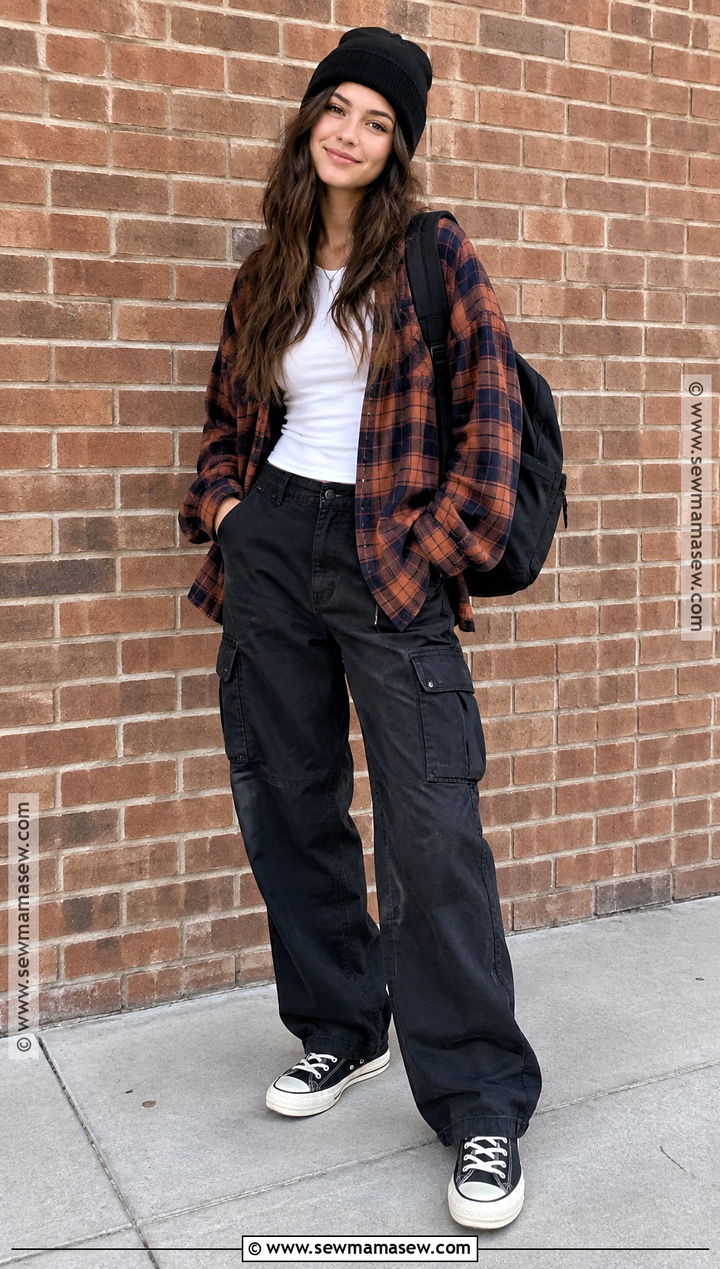Flannel Shirt and Black Cargo Pants Outfit - 15 Fall Outfits Streetwear for Women