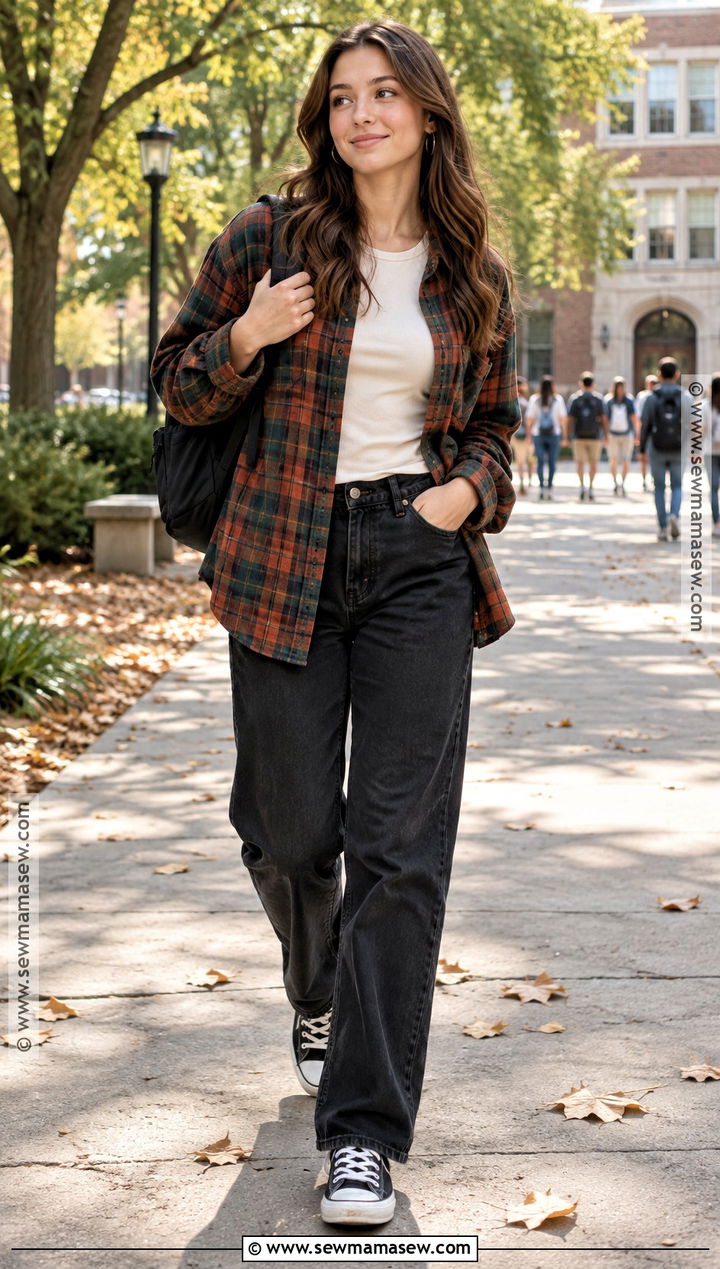 Flannel Shirt and Black Jeans Fall School Outfit - 15 chill outfits for school fall