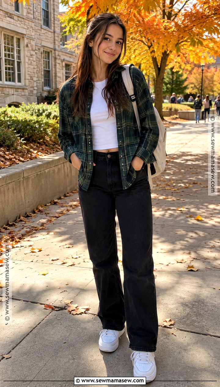 Flannel Shirt and Black Jeans School Outfit - 20 Fall Inspo Outfits For School
