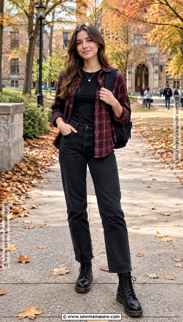Flannel Shirt and Black Jeans University Outfit - 20 university outfit autumn ideas