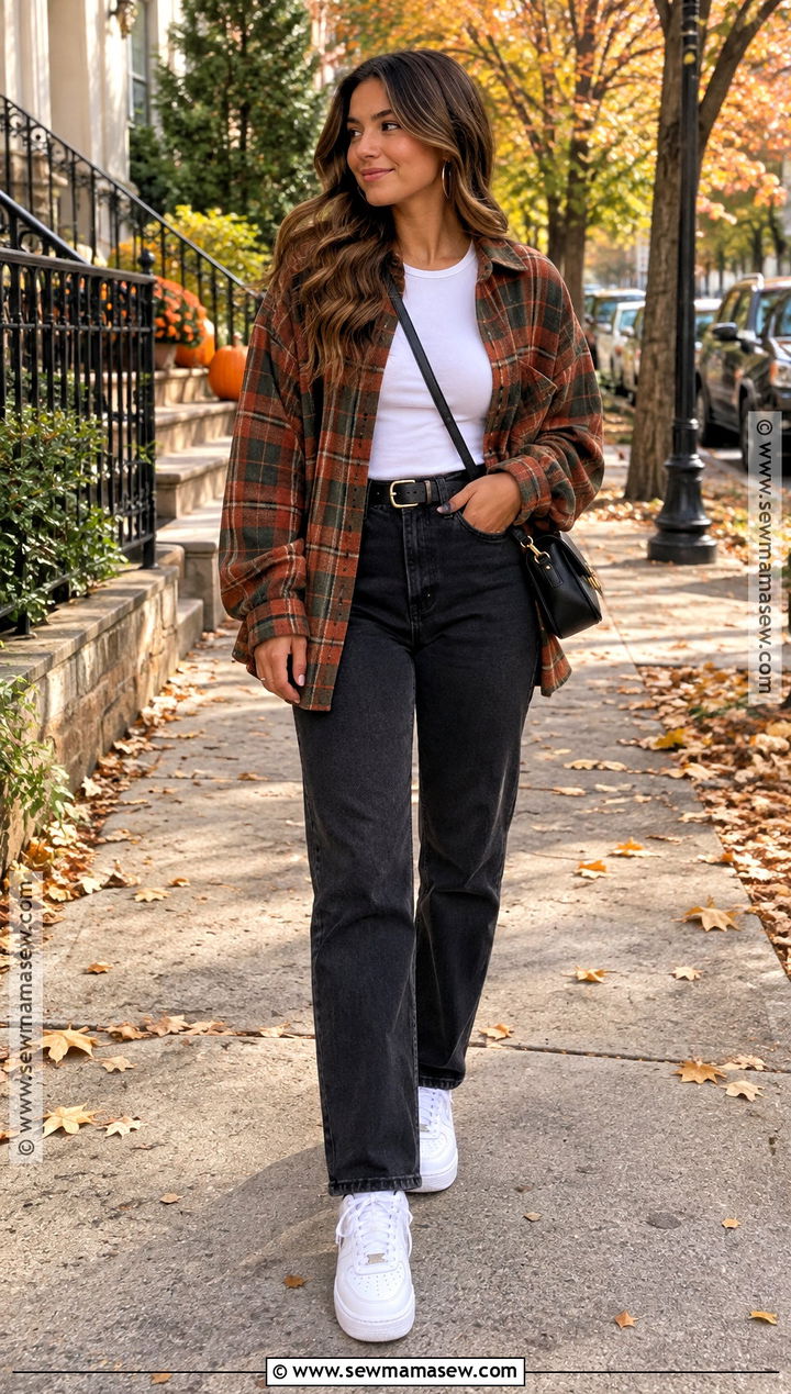 Flannel Shirt and Black Jeans With Air Force Ones - 15 Fall Outfit With Air Force Ones Ideas