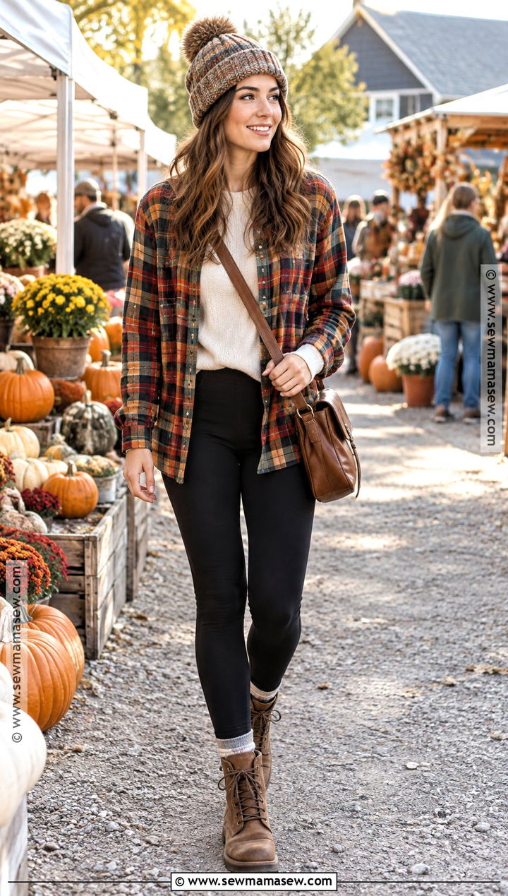 Flannel Shirt and Black Leggings Autumn Outfit - 25 Autumn Aesthetic Cozy Outfit Ideas
