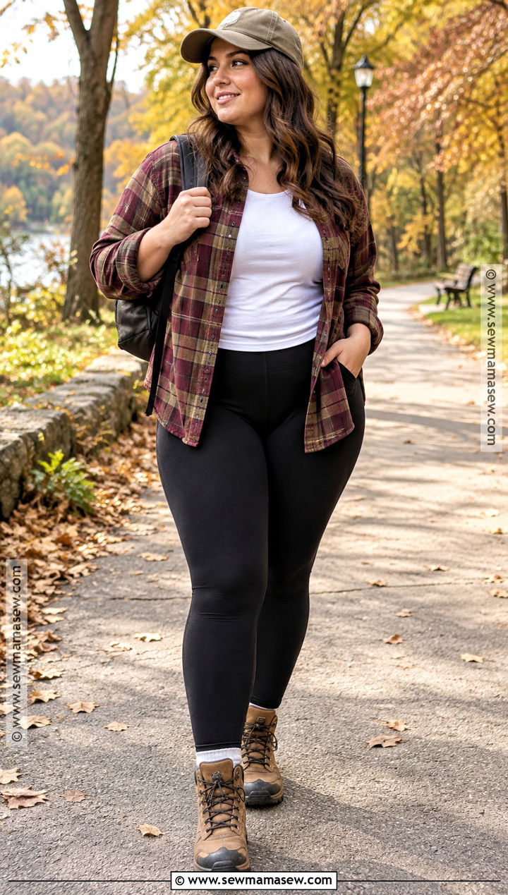 Flannel Shirt and Black Leggings Fall Outfit - 25 comfy cute fall outfits