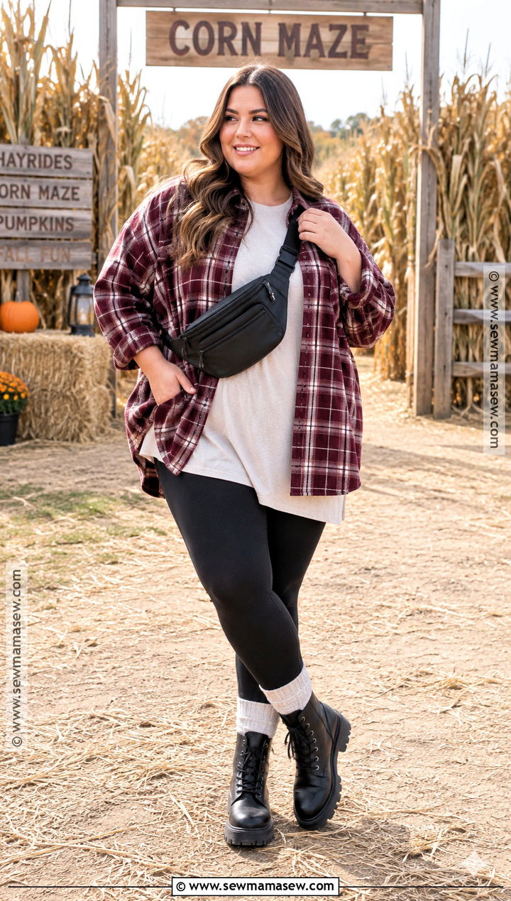 Flannel Shirt and Black Leggings Harvest Outfit - 20 Harvest Outfits