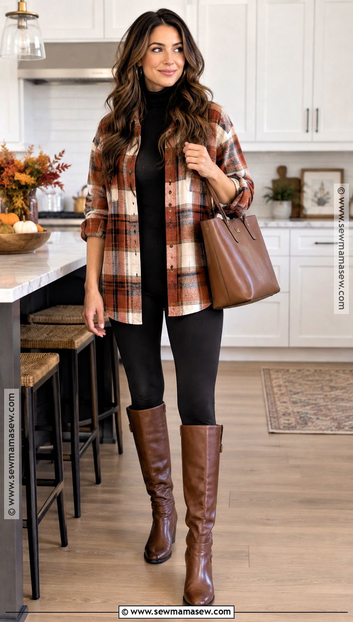 Flannel Shirt and Black Leggings Thanksgiving Outfit - 25 fall thanksgiving outfits