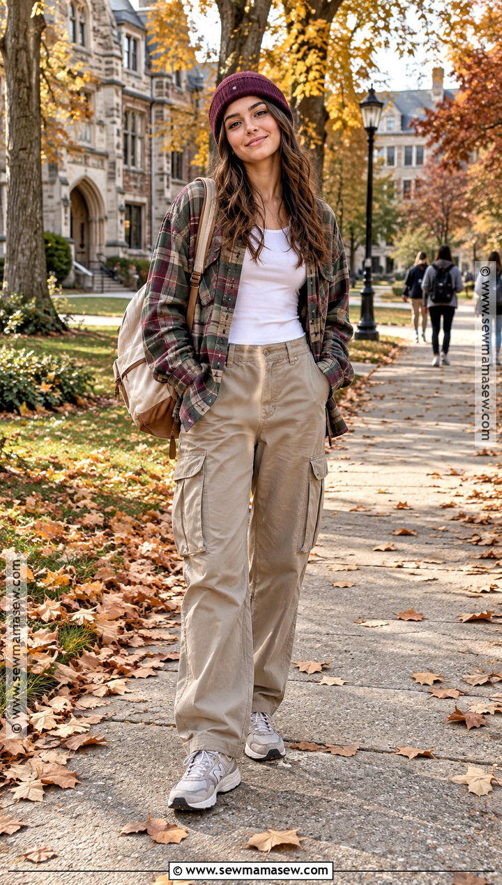 Flannel Shirt and Cargo Pants College Outfit - 15 cute fall outfits for college
