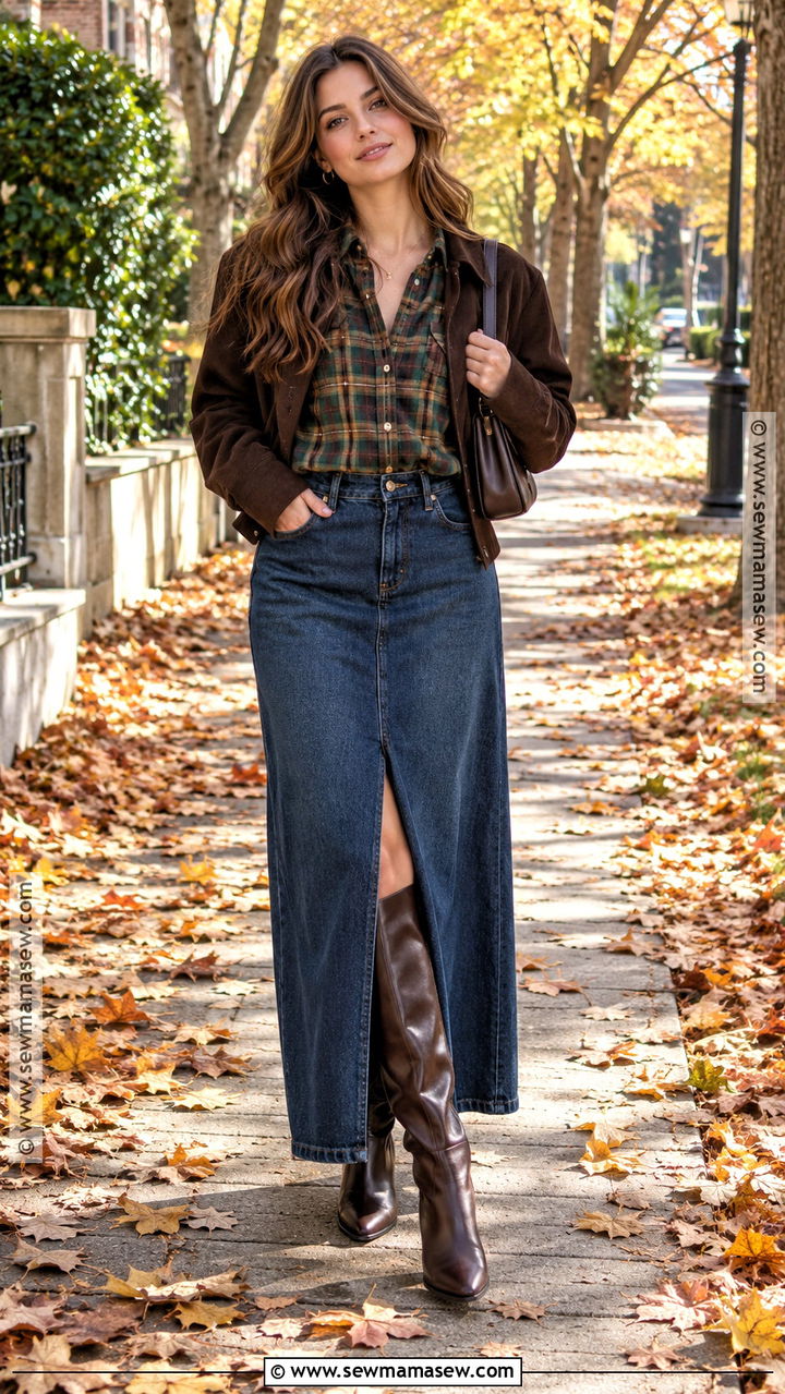 Flannel Shirt and Denim Maxi Skirt Fall Outfit - 20 Cozy Cute Fall Outfits