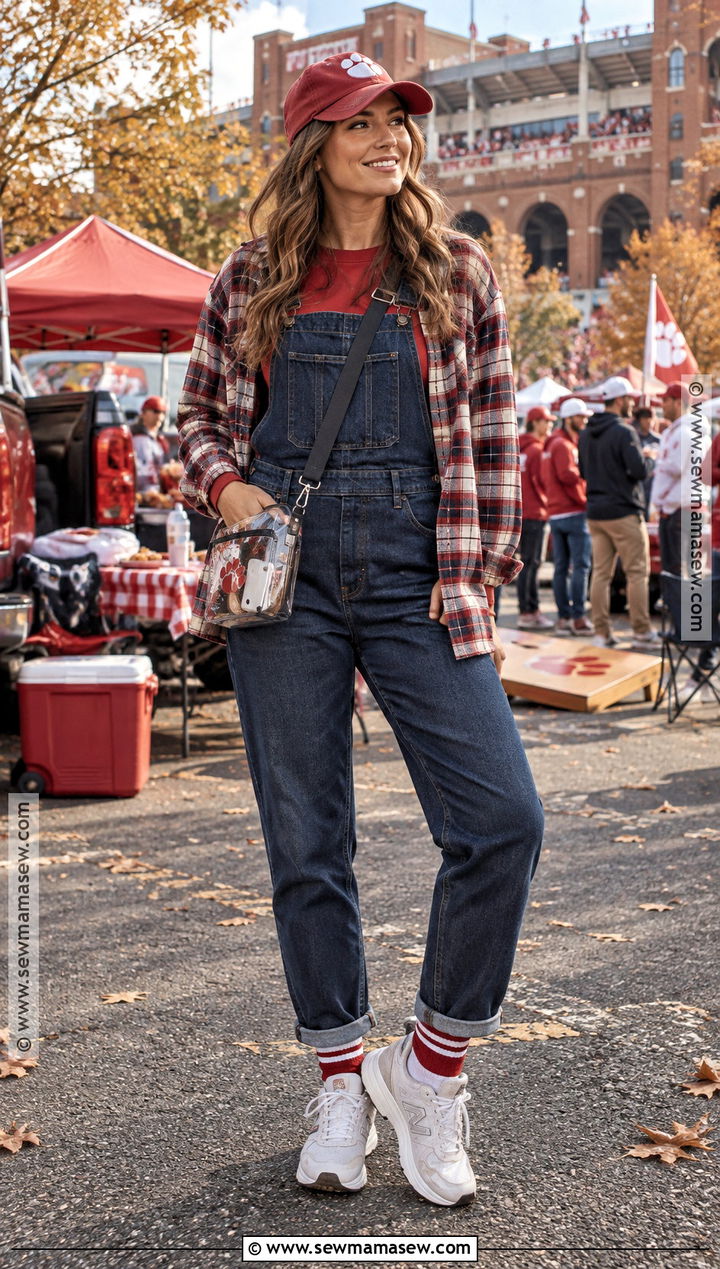 Flannel Shirt and Denim Overalls Game Day Outfit - 20 fall college football game outfit ideas