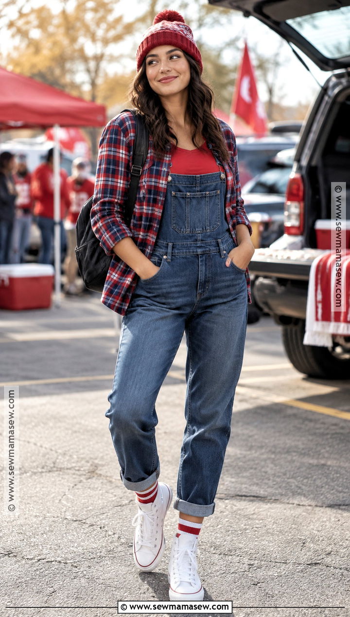 Flannel Shirt and Denim Overalls Gameday Outfit - 20 fall gameday outfit ideas
