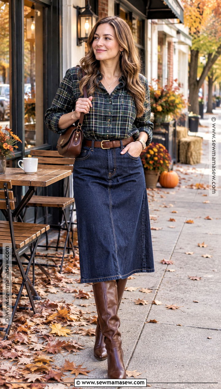 Flannel Shirt and Denim Skirt Fall Outfit - 20 Cute Easy Fall Outfits