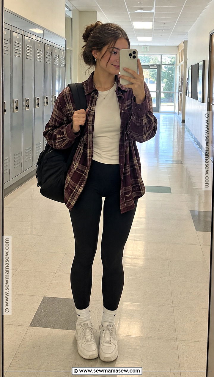 Flannel Shirt and Leggings School Outfit - 15 fall outfit inspo school ideas