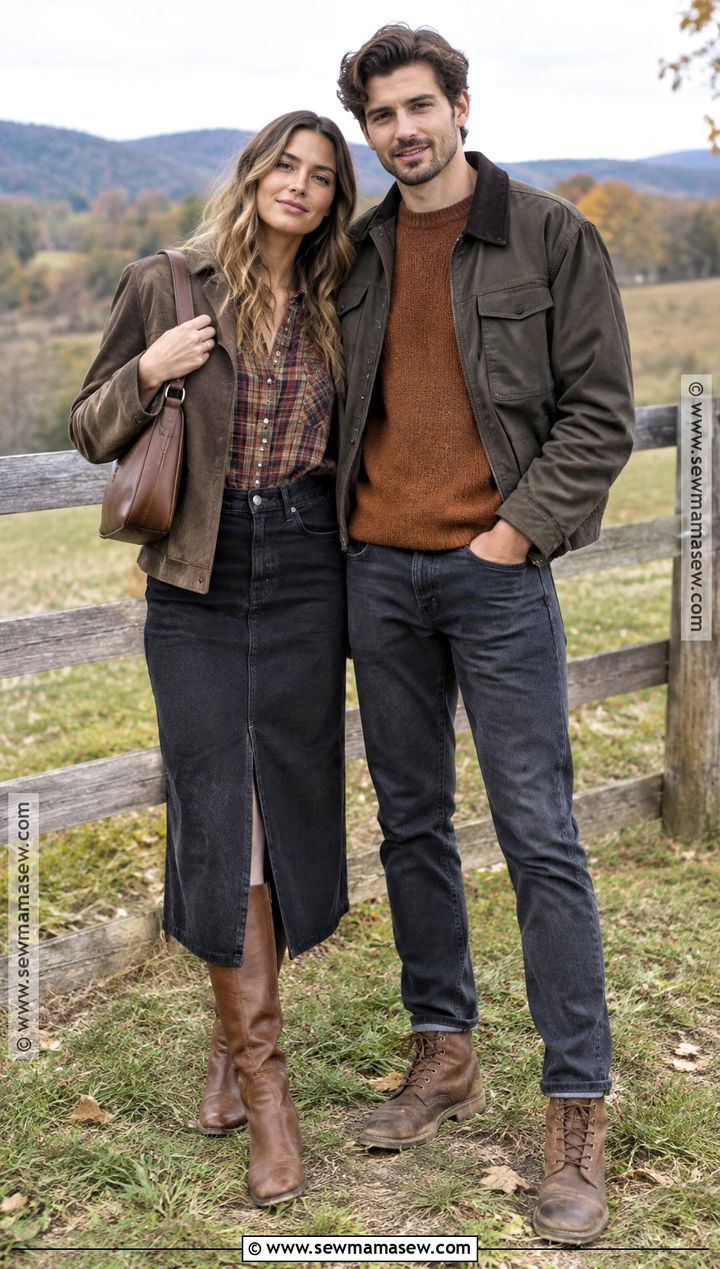 Flannel Shirt and Midi Skirt Fall Couples Outfit - 20 fall couples outfits