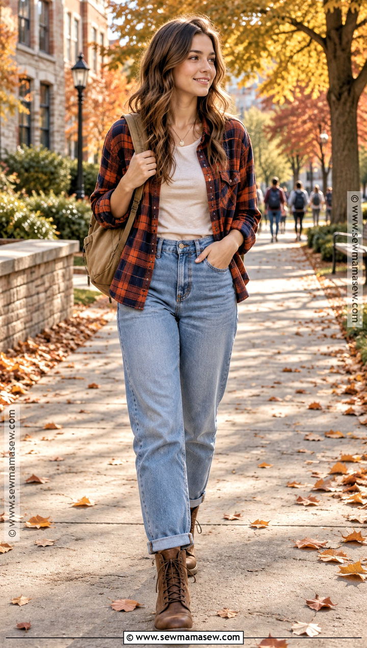 Flannel Shirt and Mom Jeans Fall School Outfit - 25 outfit ideas autumn school
