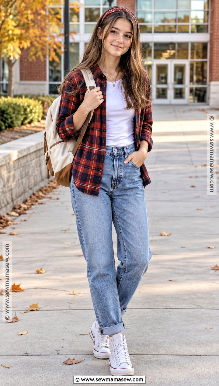 Flannel Shirt and Mom Jeans Outfit - 15 back to school outfits grade 7