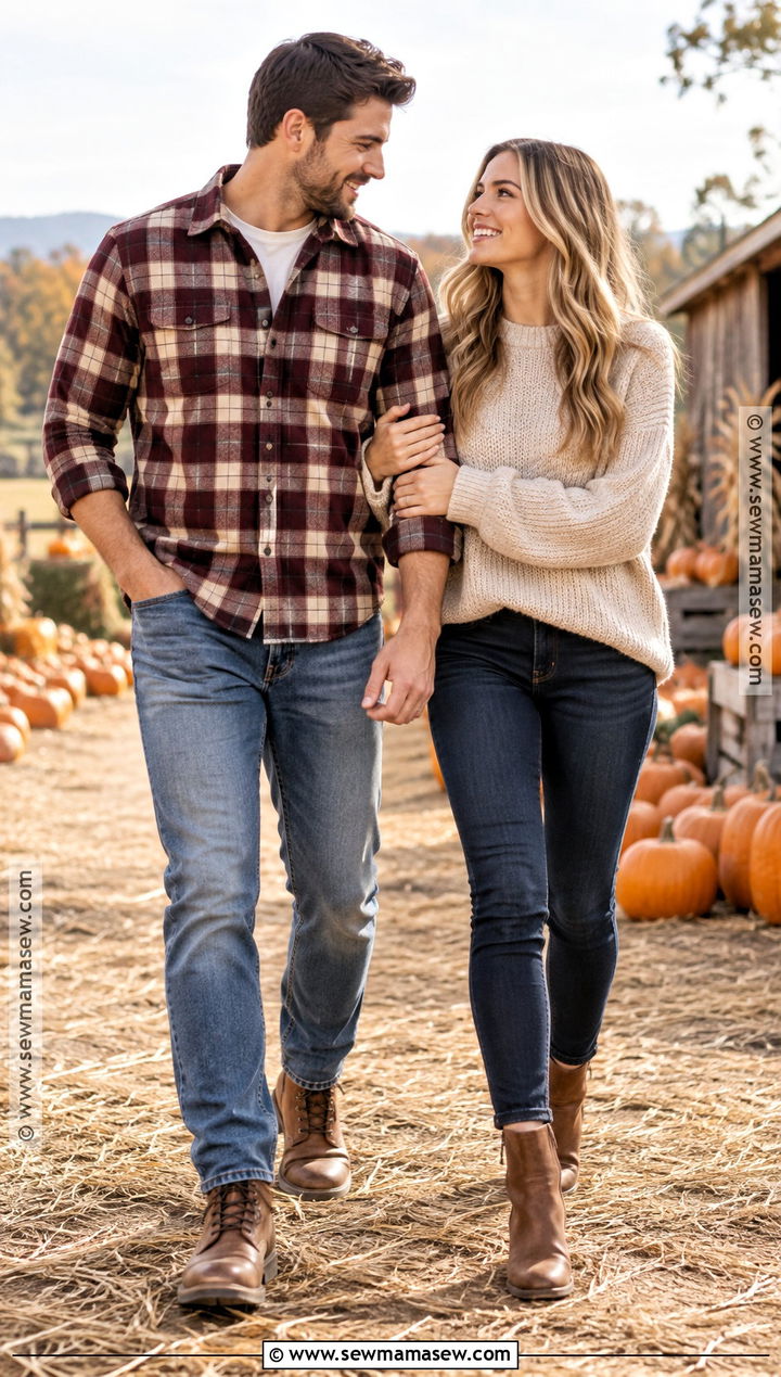 Flannel Shirt and Neutral Sweater Fall Couple Outfit - 15 outfit ideas for couples photoshoot fall