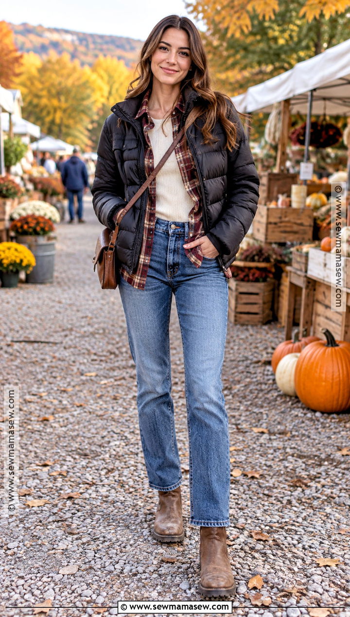 Flannel Shirt and Puffer Jacket Fall Outfit - 25 cute simple fall outfits