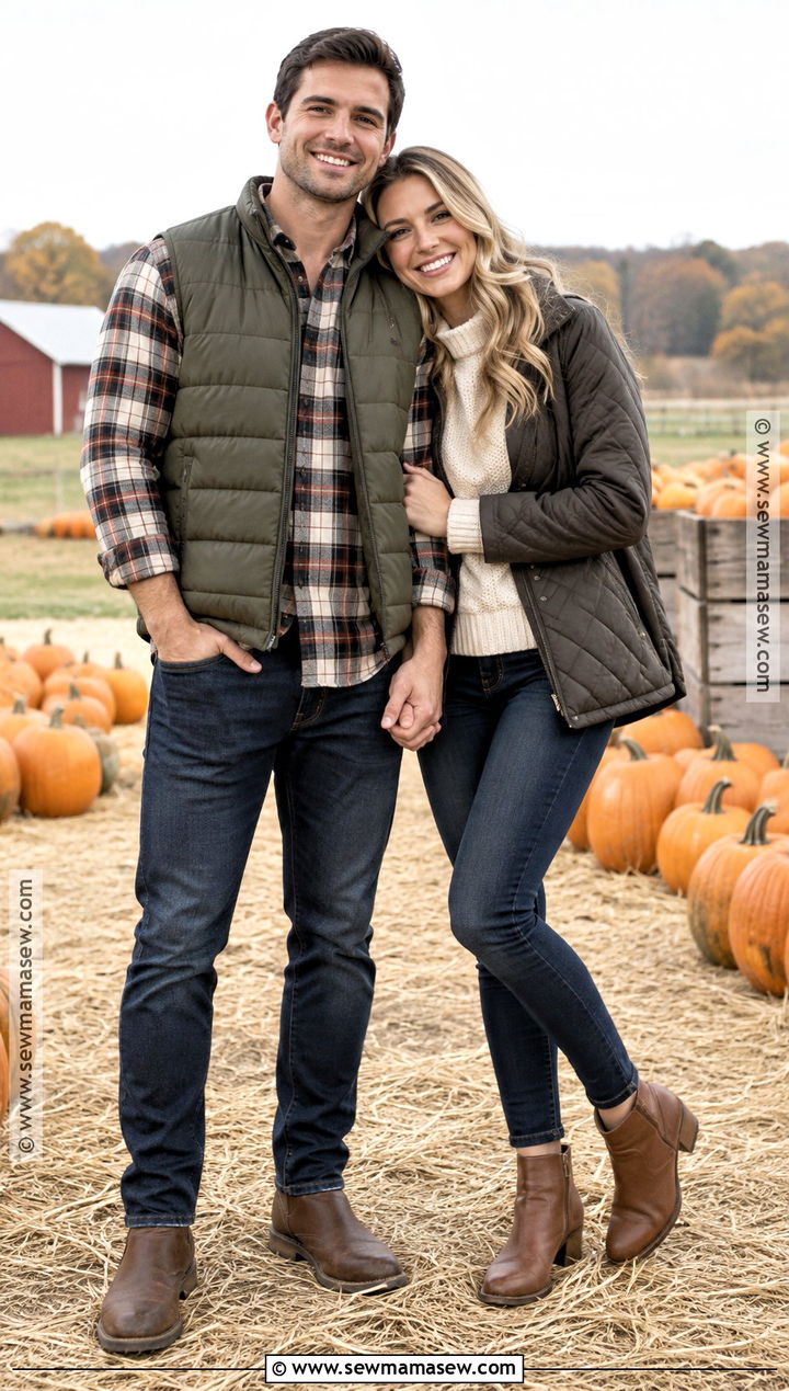 Flannel Shirt and Puffer Vest Fall Couple Outfit - 15 fall couple pics outfits